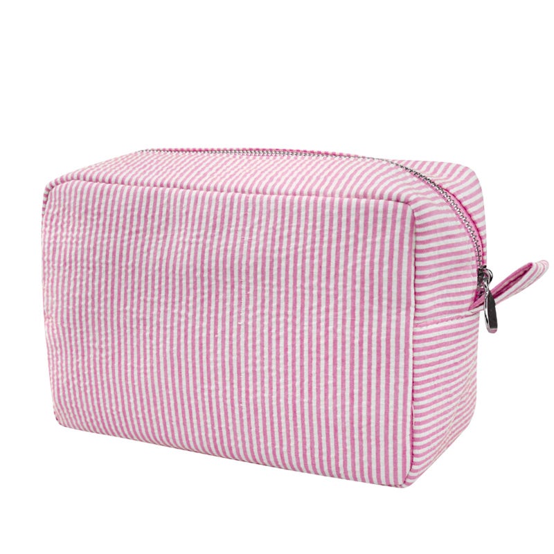 GFU Cosmetic Bag for Women, Large Makeup Bag, Travel Toiletry Stripe Cosmetic Bag, Seersucker Women Aesthetic Organizer Storage Pouch, Girls Handbags Purses (Pink) - Image 1